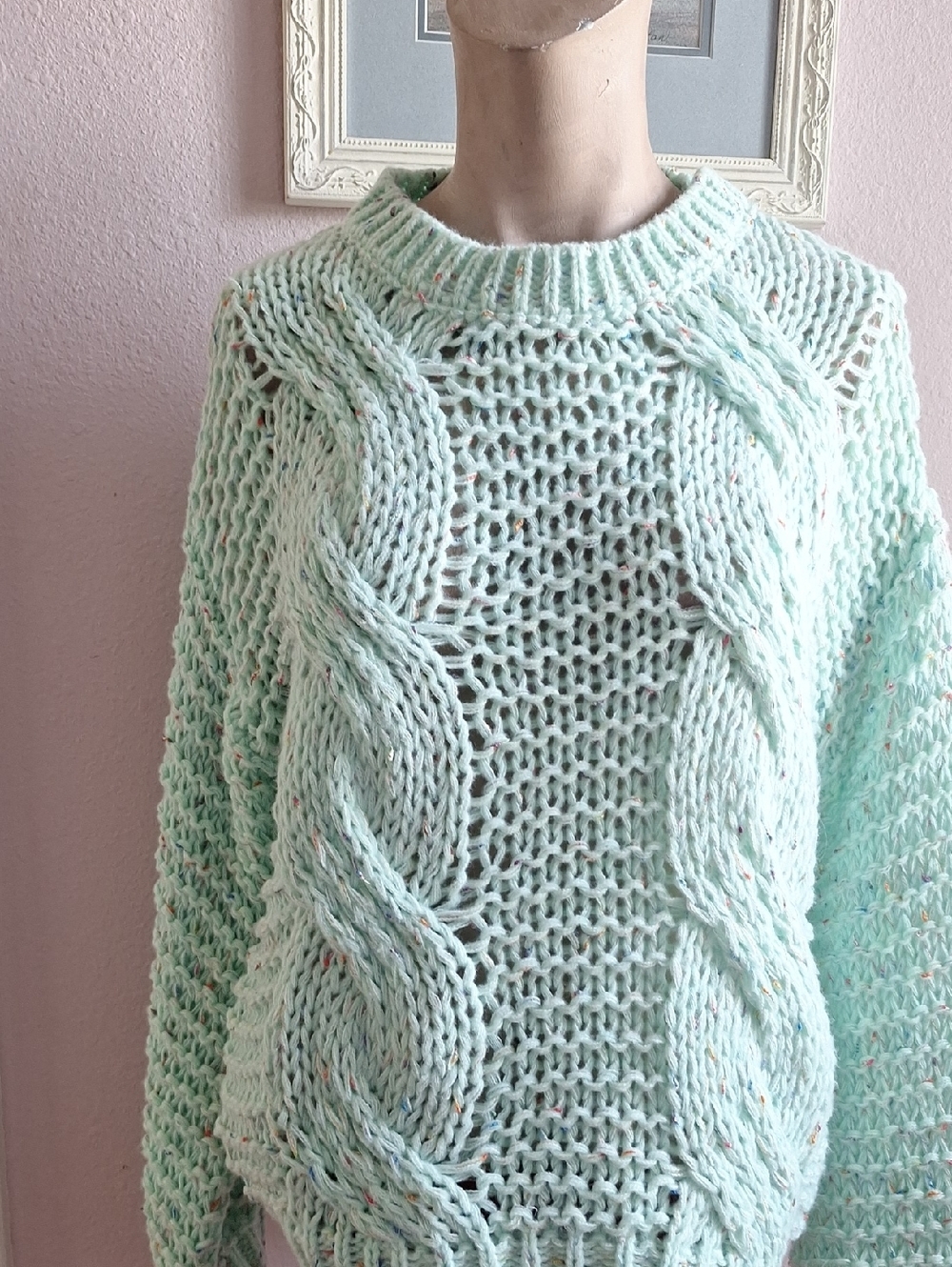 HYFVE Speckled Mint Cable Knit Scoop Crewneck Sweater